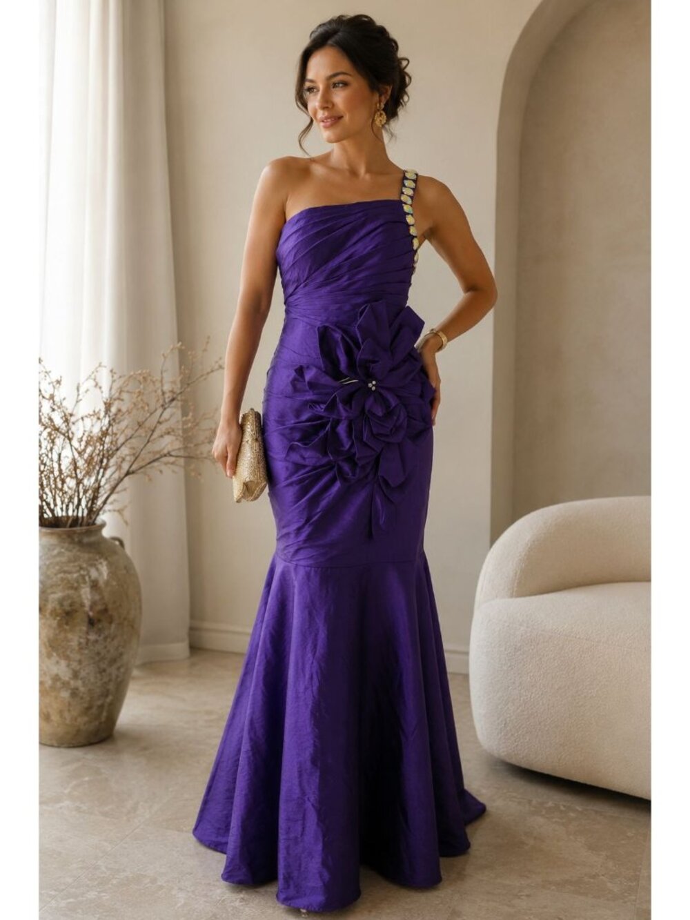 Cinderella Women Maxi Dress Purple One-Shoulder Mermaid Dress - Size 6R